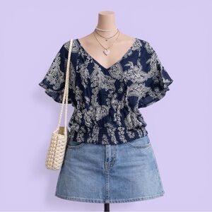 Paper Crane Navy Paisley Tie Back Blouse Flutter Sleeve Medium Cottagecore Boho